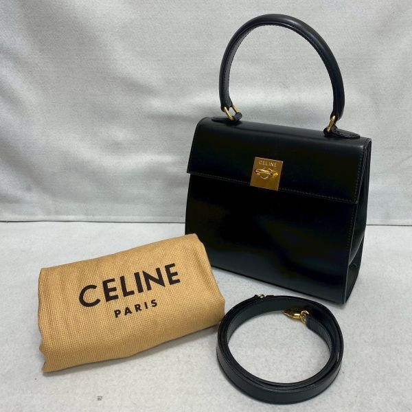 F219-S4 CELINE セリーヌ 2WAY ハンドバッグ 手持ち ボックスカーフ レザー ブラック レディース 約17.5×18.5×6.5cm ショルダー付2015545_画像1