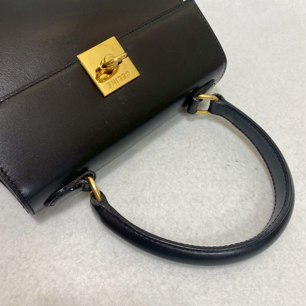 F219-S4 CELINE セリーヌ 2WAY ハンドバッグ 手持ち ボックスカーフ レザー ブラック レディース 約17.5×18.5×6.5cm ショルダー付2015545_画像7