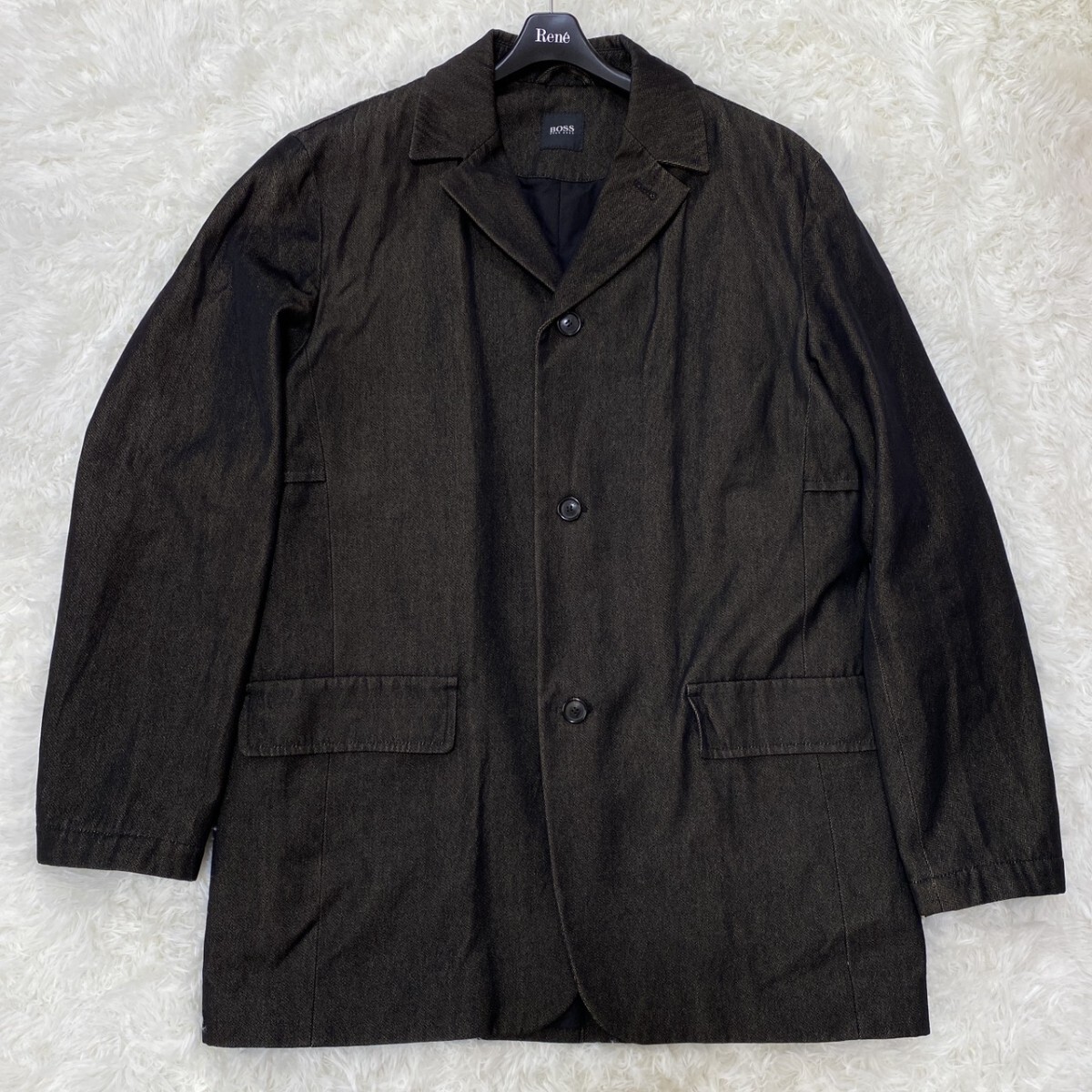 【サイズ52】 HUGO BOSS ヒューゴボス デニム 生地 コート ジャケット ロング チェスター チェスターコート 3B ブラック ブロンズ 系 1円_画像4