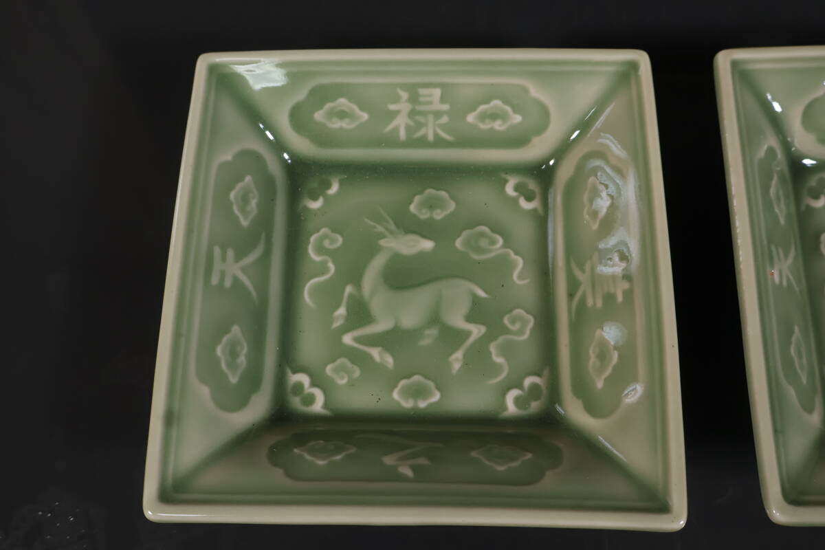 [ мир ](A3682) времена старый произведение старый три рисовое поле селадон селадон олень .. документ 4 person тарелка . листов Edo 