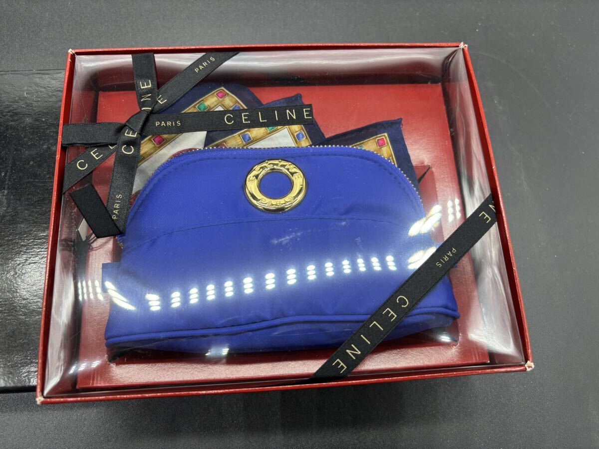 ★1円スタート★CELINE セリーヌ サークルロゴ ブルーポーチ&スカーフ ポーチ 小物入れ 未使用品_画像2