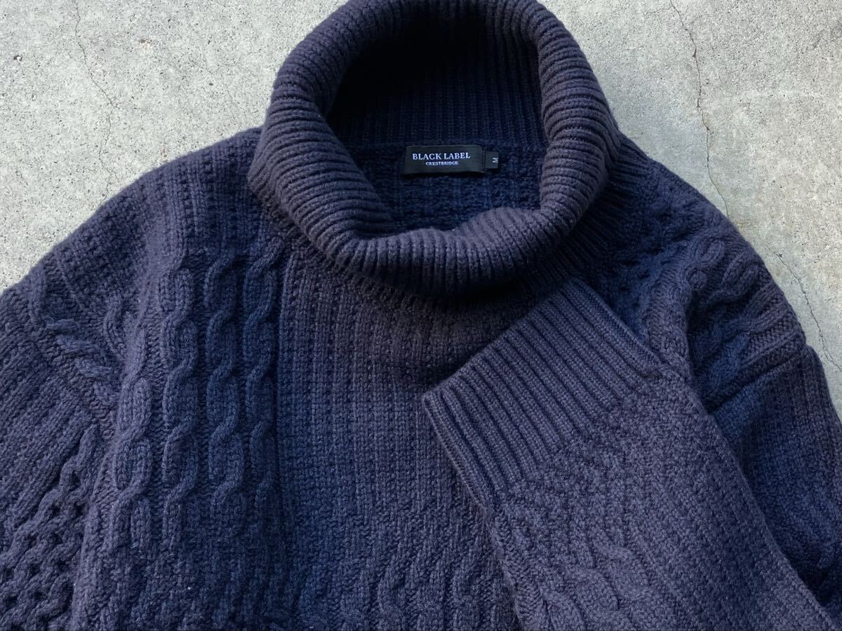 美品 BLACK LABEL CRESTBRIDGE タートルネック仕様 ケーブル編み ウールニットセーター M 三陽商会 メンズ パッチワーク 肉厚 紺 ネイビー_画像1