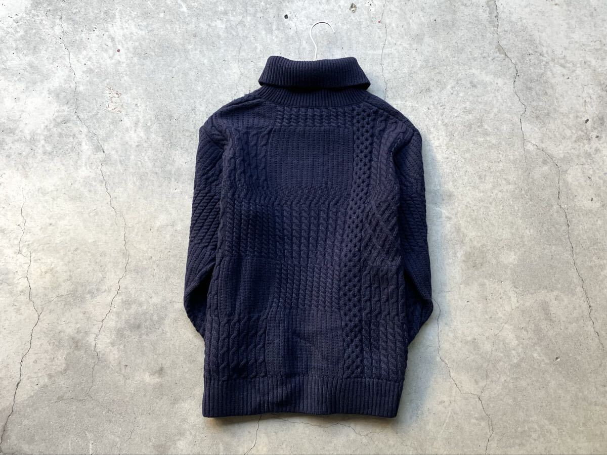 美品 BLACK LABEL CRESTBRIDGE タートルネック仕様 ケーブル編み ウールニットセーター M 三陽商会 メンズ パッチワーク 肉厚 紺 ネイビー_画像3
