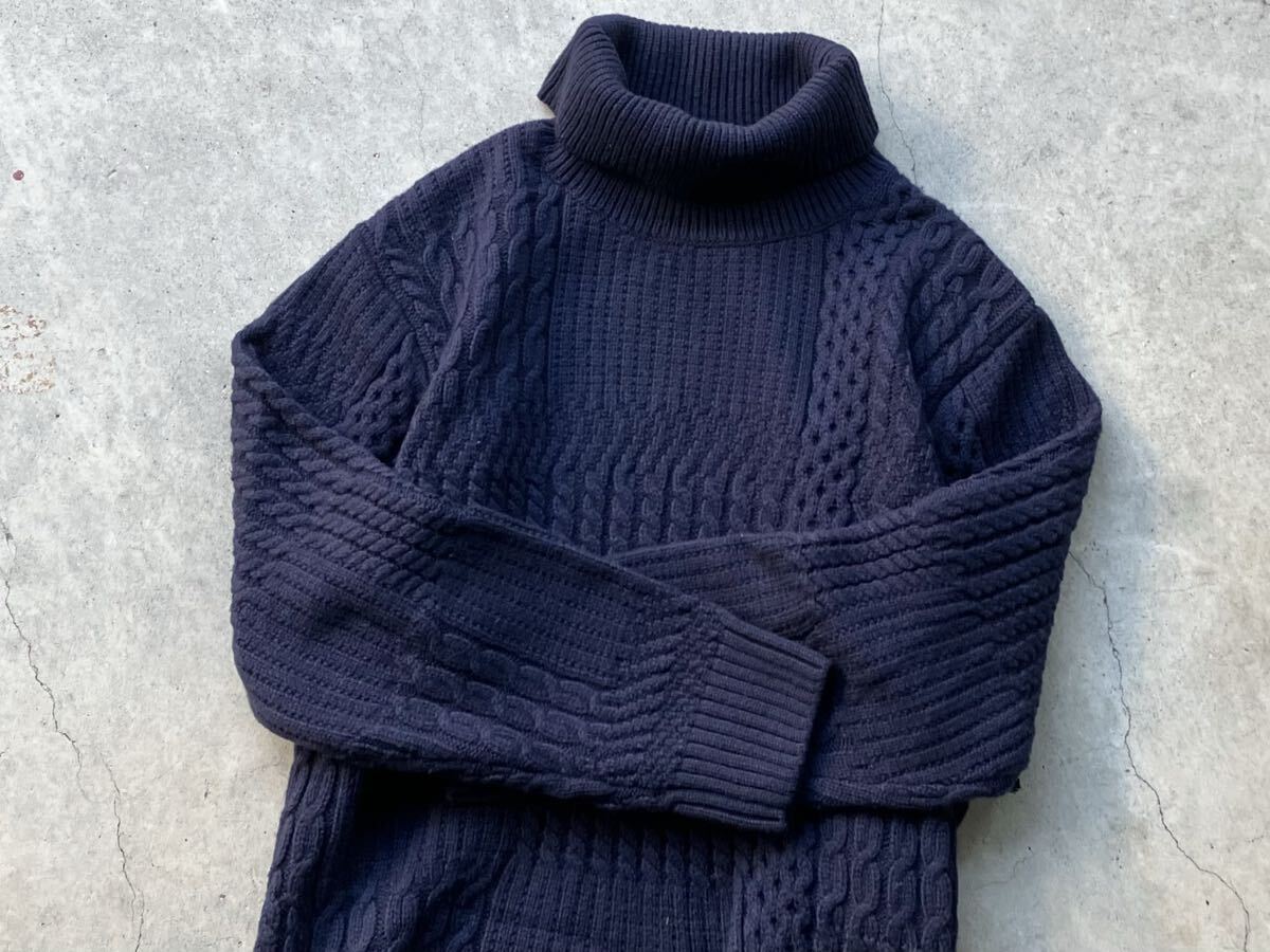 美品 BLACK LABEL CRESTBRIDGE タートルネック仕様 ケーブル編み ウールニットセーター M 三陽商会 メンズ パッチワーク 肉厚 紺 ネイビー_画像6