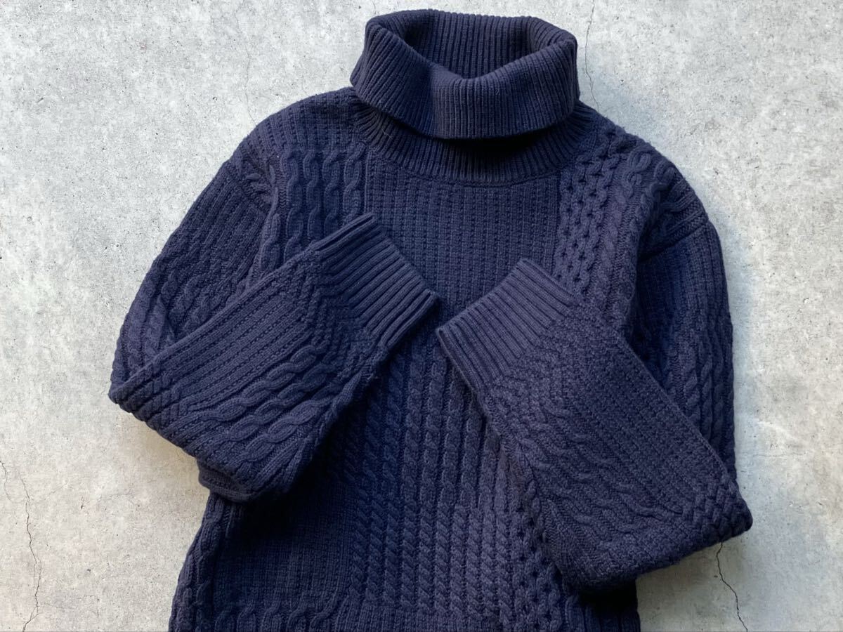 美品 BLACK LABEL CRESTBRIDGE タートルネック仕様 ケーブル編み ウールニットセーター M 三陽商会 メンズ パッチワーク 肉厚 紺 ネイビー_画像7