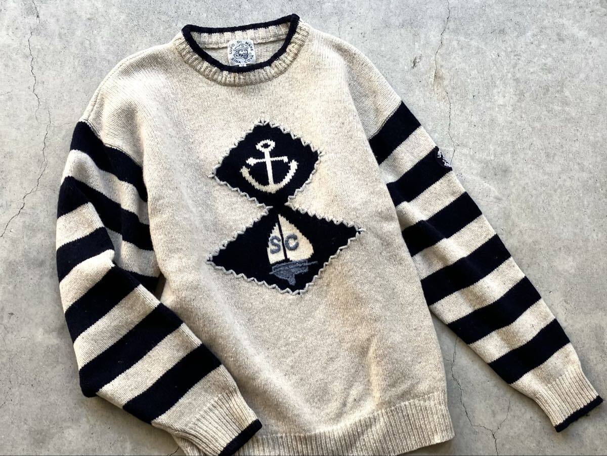 SINA COVA シェットランド ウールニットセーター M シナコバ メンズ 刺繍 ワッペン_画像4