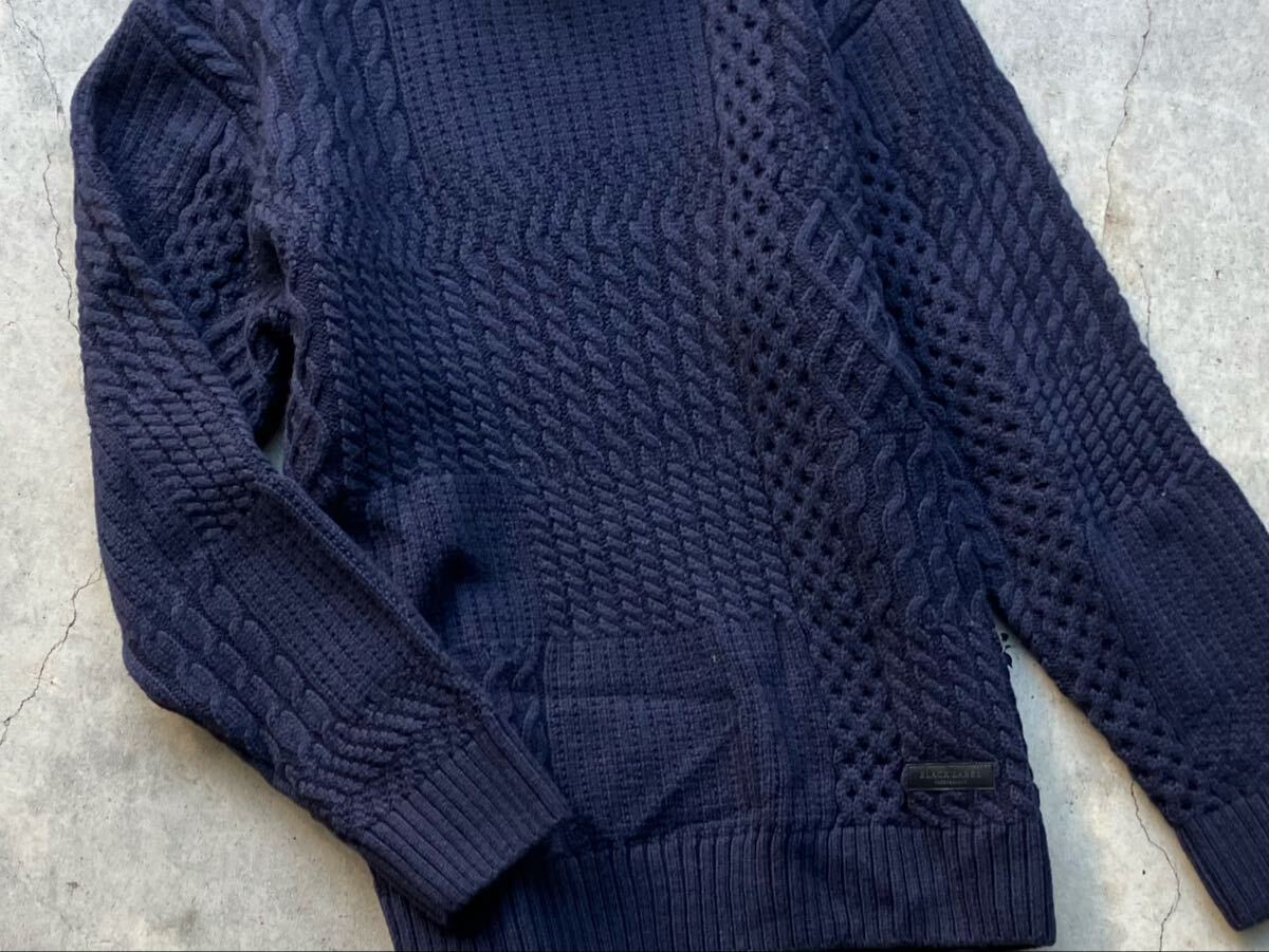 美品 BLACK LABEL CRESTBRIDGE タートルネック仕様 ケーブル編み ウールニットセーター M 三陽商会 メンズ パッチワーク 肉厚 紺 ネイビー_画像8