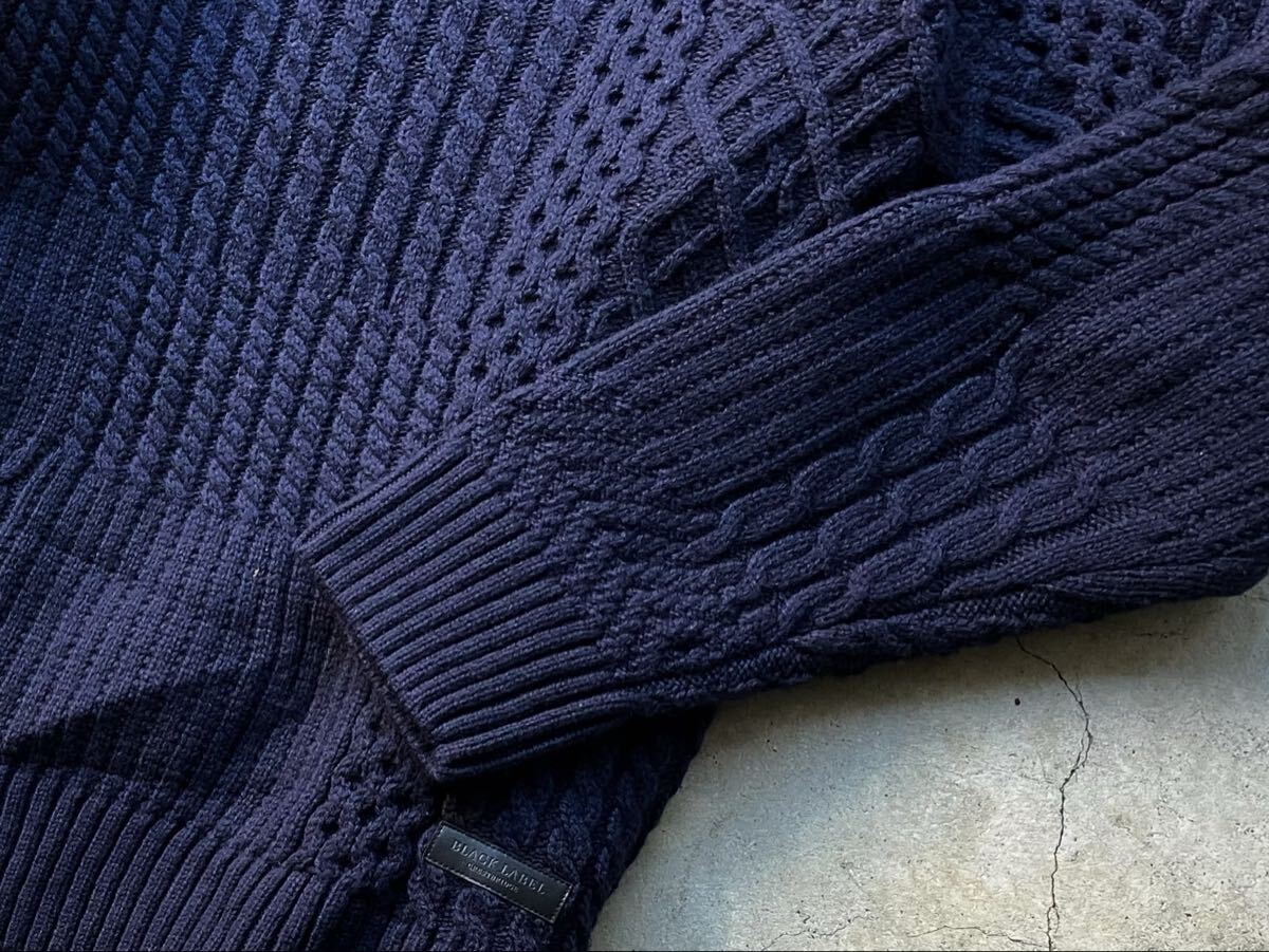 美品 BLACK LABEL CRESTBRIDGE タートルネック仕様 ケーブル編み ウールニットセーター M 三陽商会 メンズ パッチワーク 肉厚 紺 ネイビー_画像10