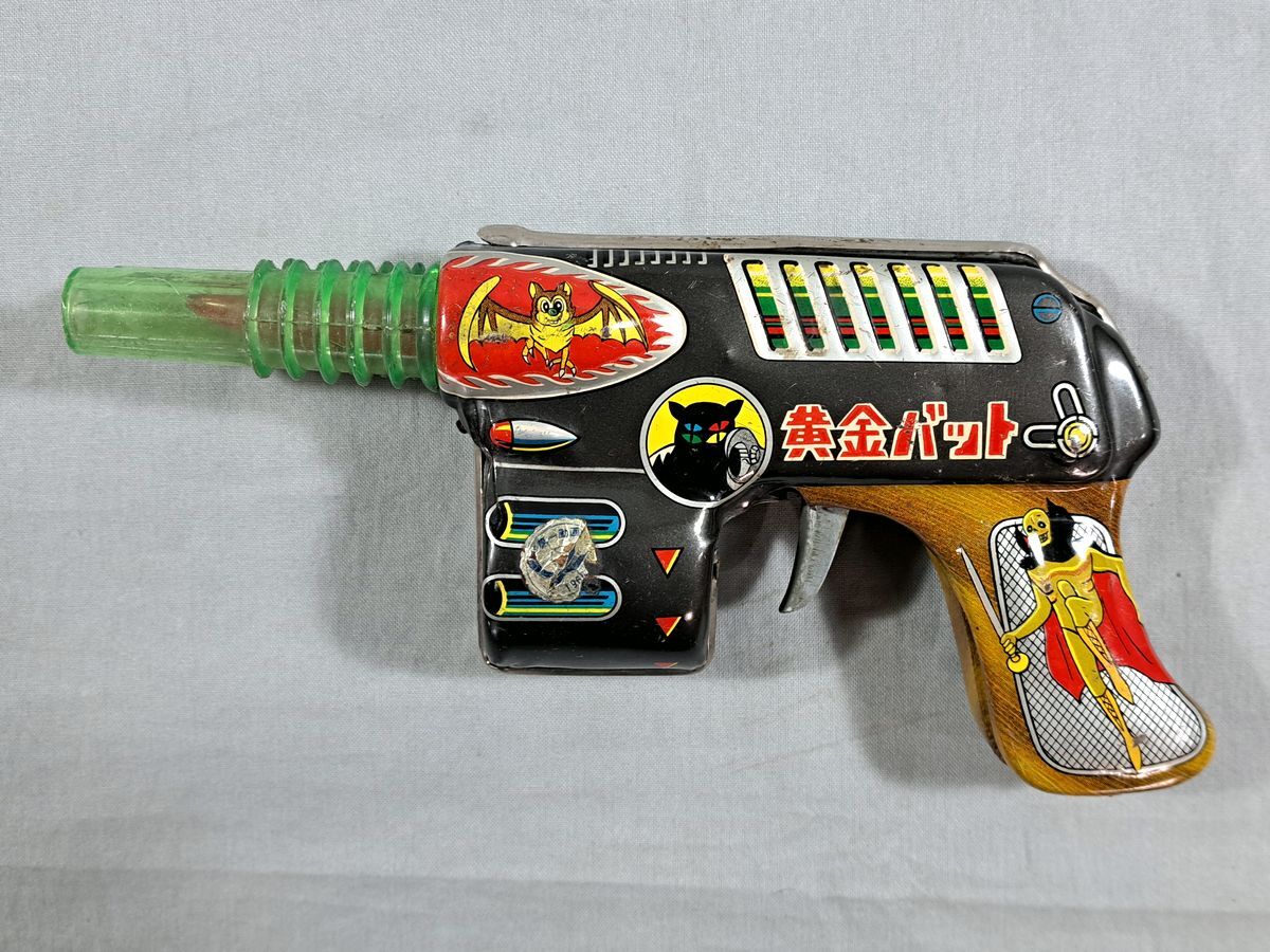 # подлинная вещь .. игрушка желтый золотой bat жестяная пластина piste ru луч ружье металлический . ружье вспышка игрушка Showa Retro Vintage #