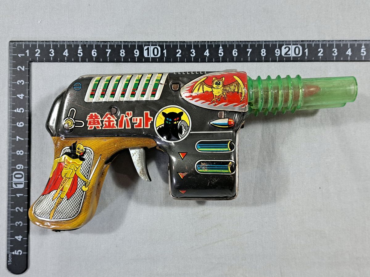 # подлинная вещь .. игрушка желтый золотой bat жестяная пластина piste ru луч ружье металлический . ружье вспышка игрушка Showa Retro Vintage #