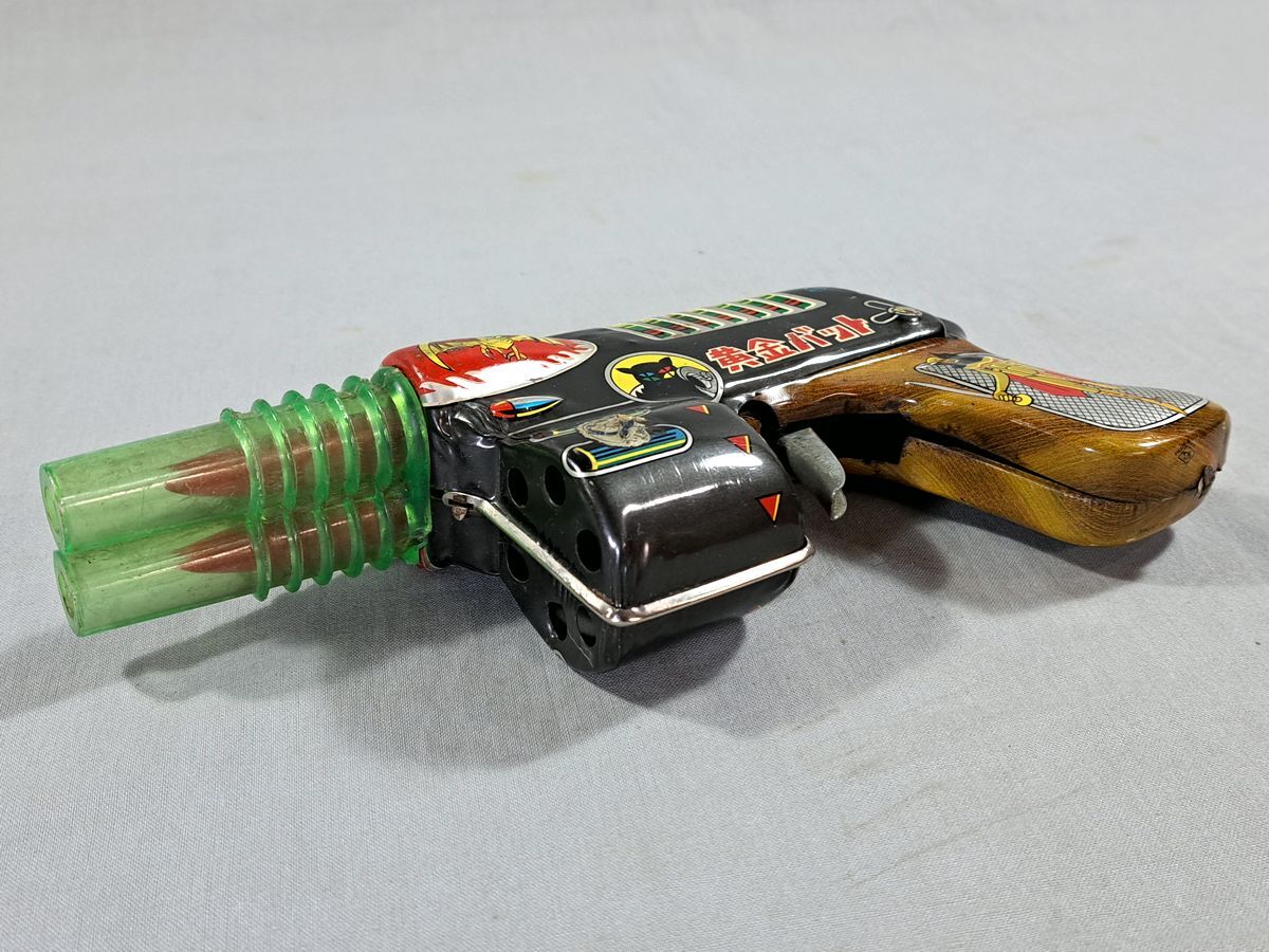 # подлинная вещь .. игрушка желтый золотой bat жестяная пластина piste ru луч ружье металлический . ружье вспышка игрушка Showa Retro Vintage #