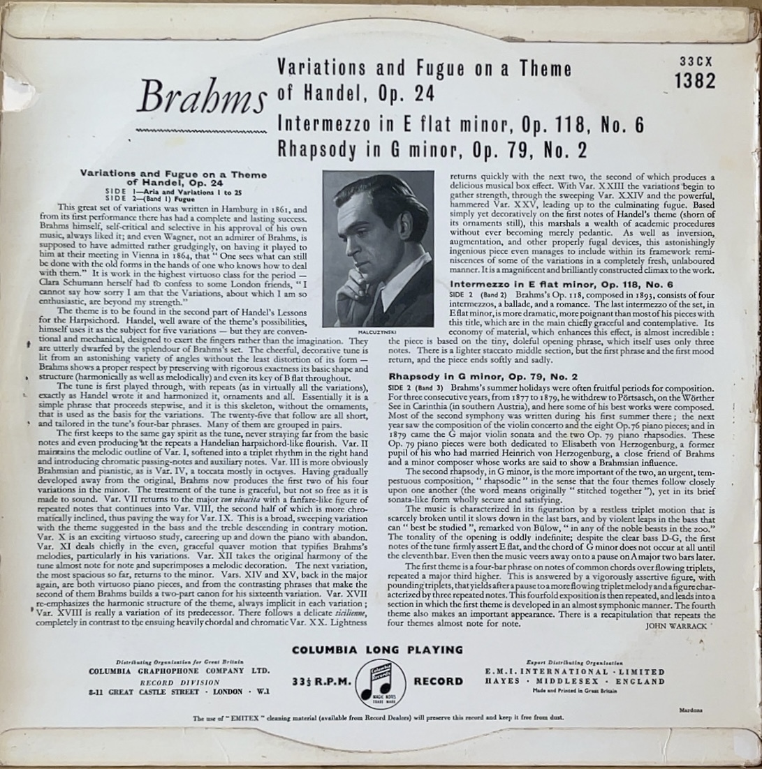 ヴィトルト・マウツジンスキ(pf)/ ブラームス: ヘンデルの主題による変奏曲とフーガ, 間奏曲 変ホ短調, 他 英 COLUMBIA 33CX 1382 MONO_画像2