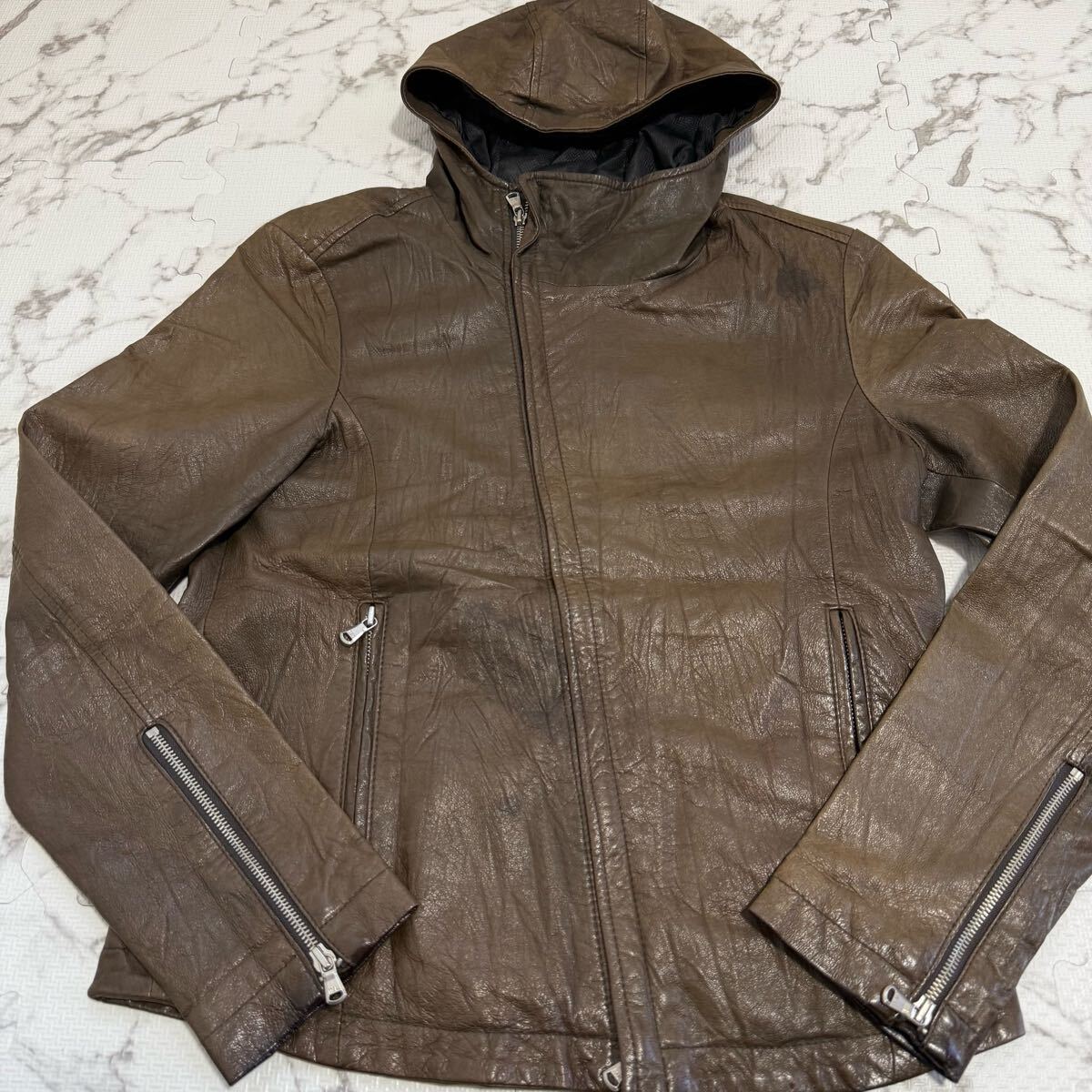 アーバンリサーチ◆レザージャケット 本革 キャメル 本革 ライダースジャケット フード付き メンズブルゾン ライダース M_画像1