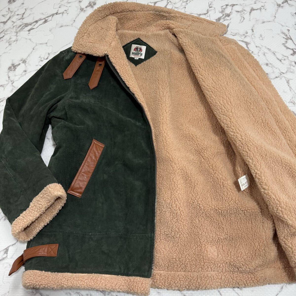 戦慄●希少●XL!!本物 ムートンジャケット 裏地全面ボア 羊革 ラムレザー レザージャケット 希少 グリーン系 カーキ モコモコ サントリー_画像1