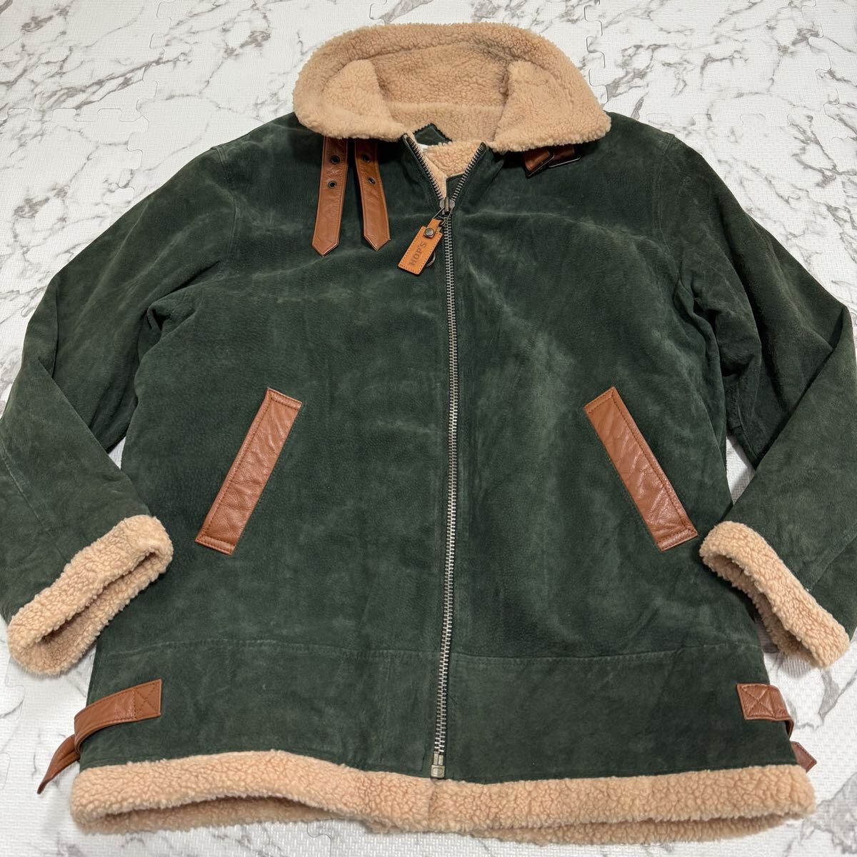 戦慄●希少●XL!!本物 ムートンジャケット 裏地全面ボア 羊革 ラムレザー レザージャケット 希少 グリーン系 カーキ モコモコ サントリー_画像2