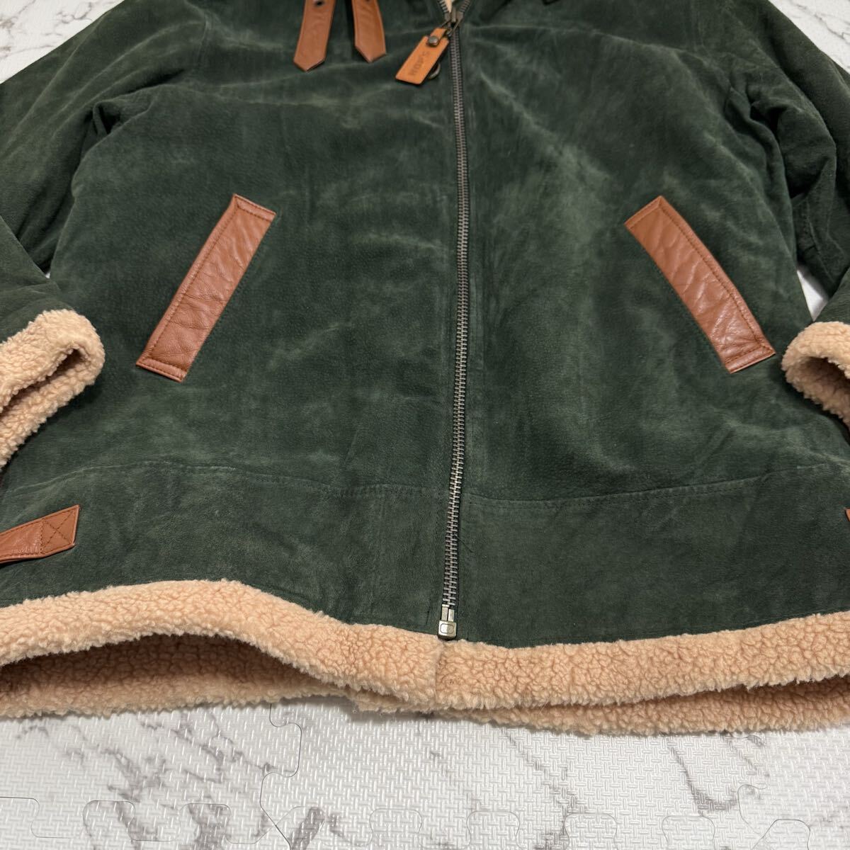 戦慄●希少●XL!!本物 ムートンジャケット 裏地全面ボア 羊革 ラムレザー レザージャケット 希少 グリーン系 カーキ モコモコ サントリー_画像5