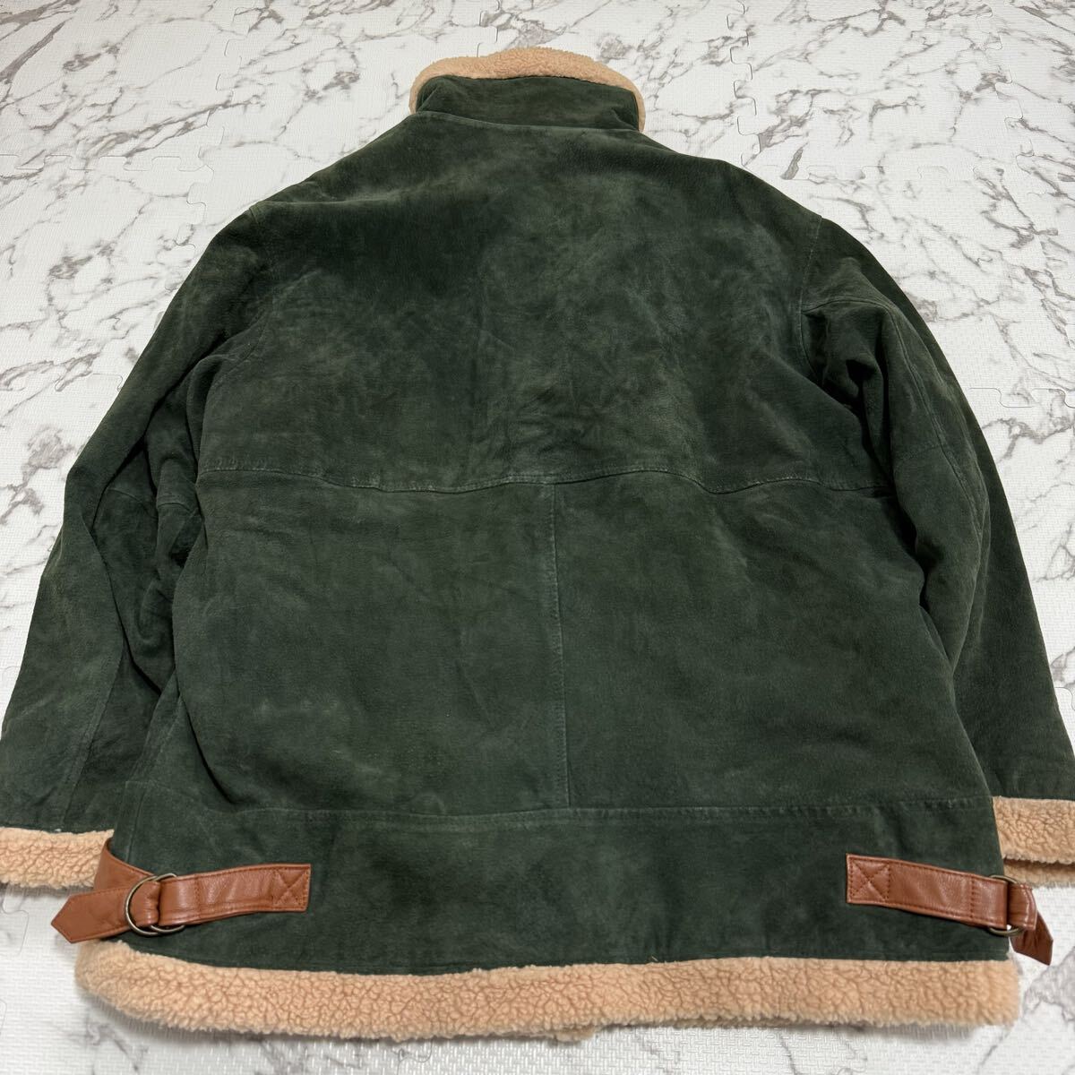 戦慄●希少●XL!!本物 ムートンジャケット 裏地全面ボア 羊革 ラムレザー レザージャケット 希少 グリーン系 カーキ モコモコ サントリー_画像9
