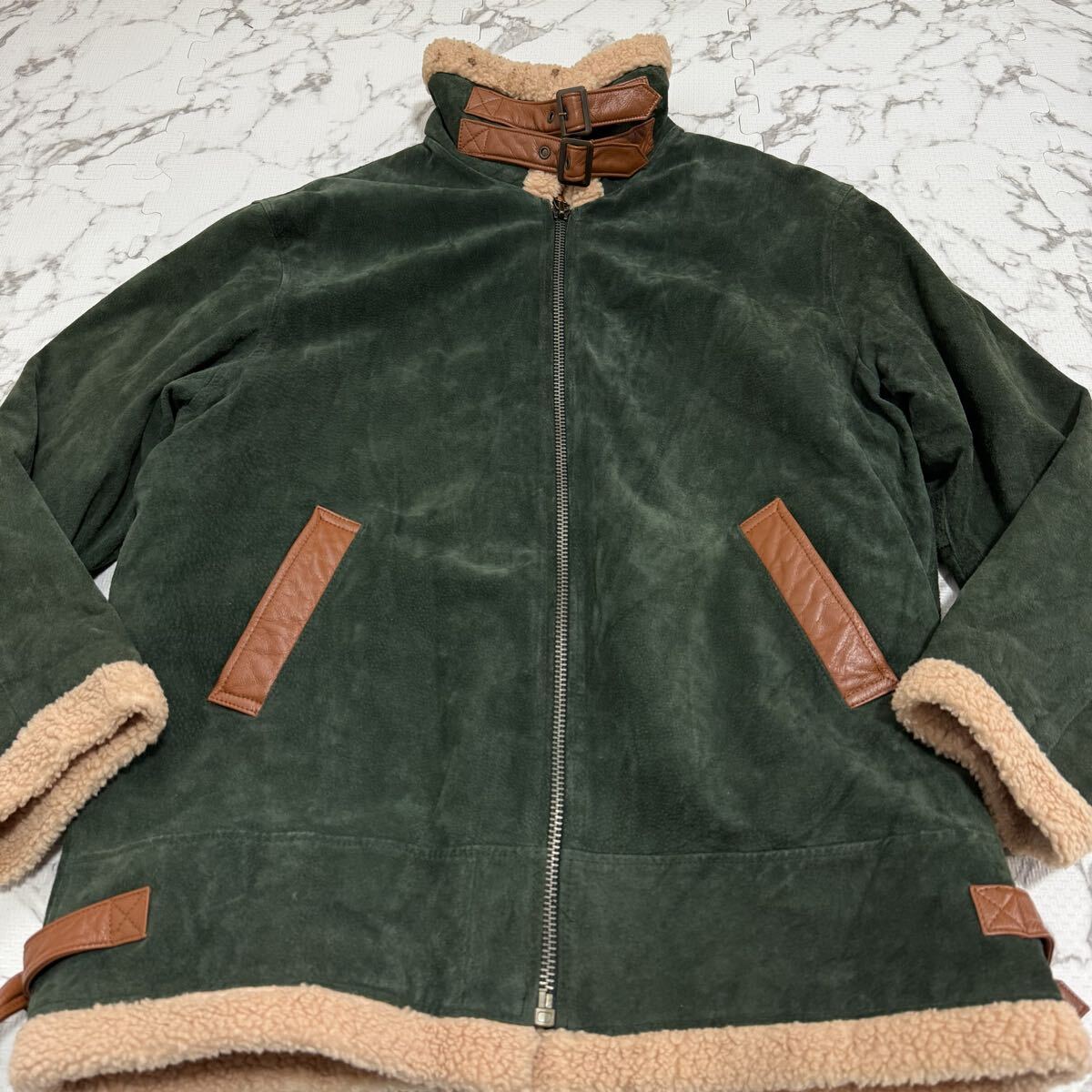 戦慄●希少●XL!!本物 ムートンジャケット 裏地全面ボア 羊革 ラムレザー レザージャケット 希少 グリーン系 カーキ モコモコ サントリー_画像10