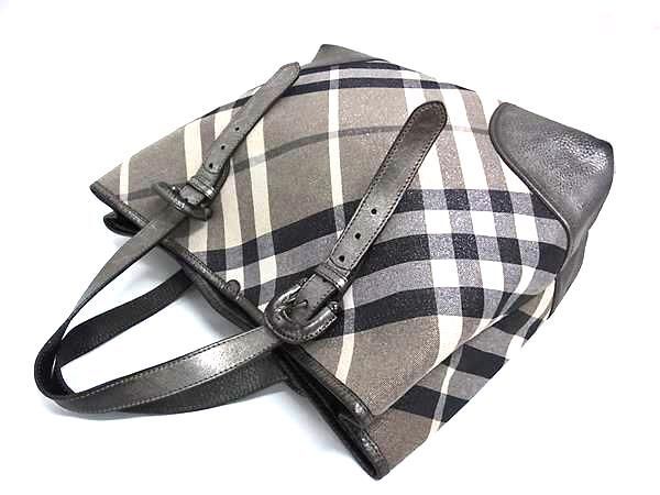 1円 BURBERRY バーバリー キャンバス×レザー チェック柄 ハンドバッグ トートバッグ レディース グレー系×シルバー系 GB2460_画像3