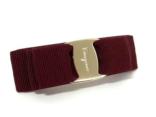1円 ■極美品■ Salvatore Ferragamo フェラガモ ヴァラリボン キャンバス バレッタ ヘアアクセサリー ボルドー系×ゴールド系 FU4649_画像1
