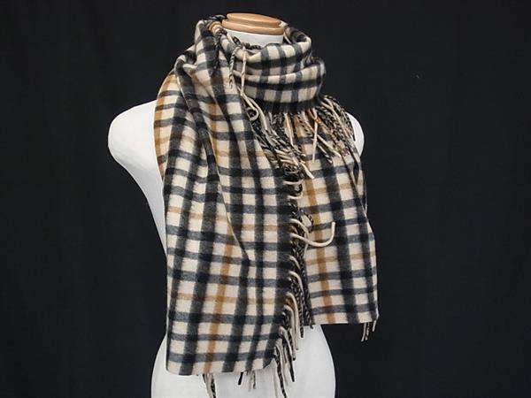 ■極美品■ DAKS ダックス カシミヤ100％ チェック柄 マフラー ストール 防寒具 メンズ レディース ブラック系×ブラウン系 DH1130_画像1