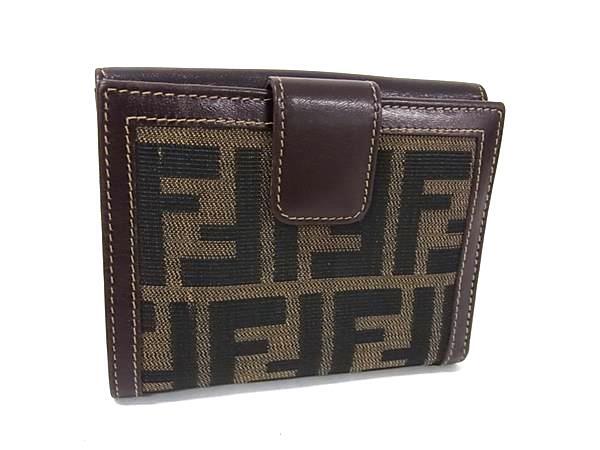 1 иен # прекрасный товар # FENDI Fendi Zucca рисунок Vintage парусина × кожа двойной бумажник бумажник оттенок коричневого FT2912