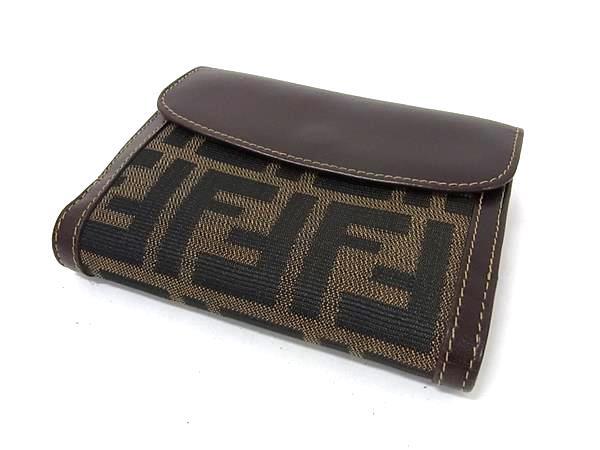 1 иен # прекрасный товар # FENDI Fendi Zucca рисунок Vintage парусина × кожа двойной бумажник бумажник оттенок коричневого FT2912