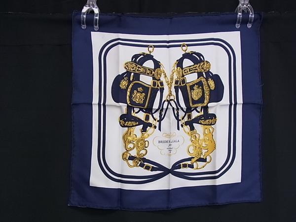 1円 HERMES エルメス BRIDES de GALA【式典用馬勒】プチカレ ガヴロッシュ シルク100% ハンカチーフ ポケットチーフ ネイビー系 FT2267_画像1