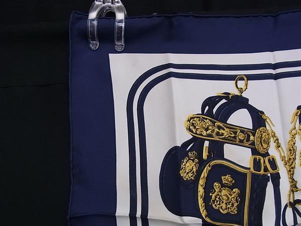 1円 HERMES エルメス BRIDES de GALA【式典用馬勒】プチカレ ガヴロッシュ シルク100% ハンカチーフ ポケットチーフ ネイビー系 FT2267_画像2