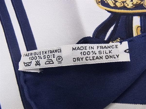 1円 HERMES エルメス BRIDES de GALA【式典用馬勒】プチカレ ガヴロッシュ シルク100% ハンカチーフ ポケットチーフ ネイビー系 FT2267_画像5