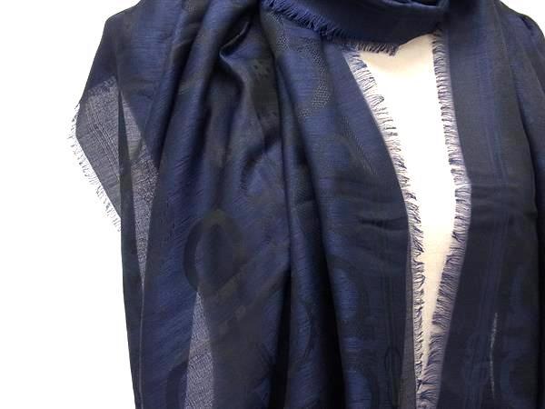 1円 ■極美品■ Salvatore Ferragamo フェラガモ ダブルガンチーニ柄 シルク×カシミヤ フリンジ ストール ショール ネイビー系 FJ7626_画像2