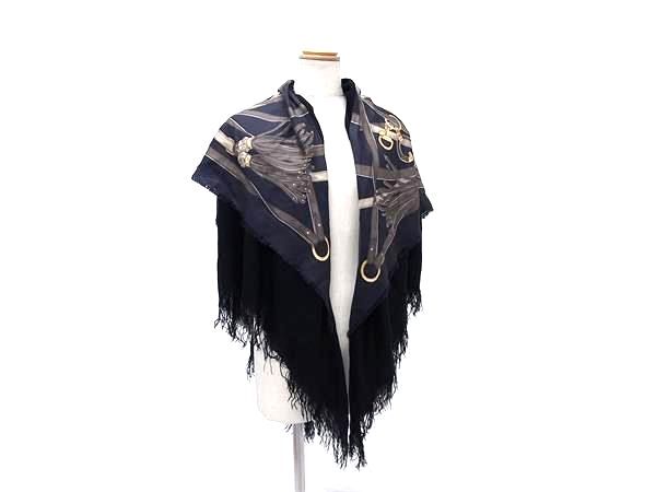 1円 ■美品■ GUCCI グッチ GG柄 シルク100% ベルト柄 大判 スカーフ ストール ショール レディース ブラック系×ネイビー系 FU6654_画像1