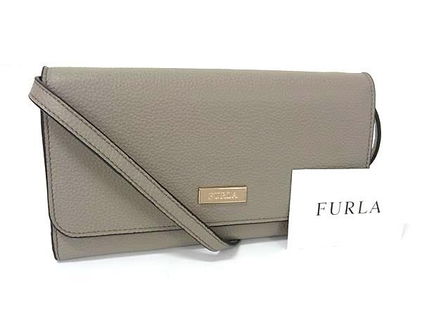 1円 ■新品同様■ FURLA フルラ レザー クロスボディ ショルダーウォレット 二つ折り 長財布 小銭入れ レディース グレージュ系 FU7269_画像1