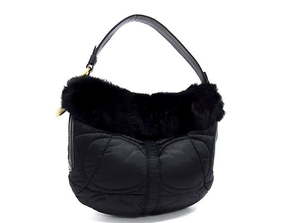 1円 ■美品■ COACH コーチ ナイロン×ファー ワンハンドル ハンドバッグ ショルダーバッグ 肩掛けかばん レディース ブラック系 FU7249_画像1