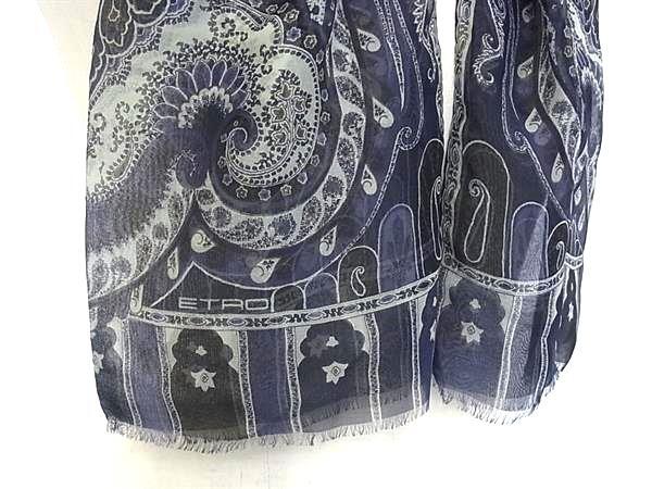 ■極美品■ ETRO エトロ シルク100% ペイズリー柄 ストール ショール レディース ネイビー系×グレー系 DK7259_画像2