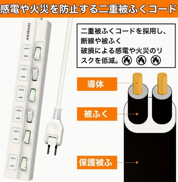 3m 電源タップ AC 延長コード 個別スイッチ AKIRARI 6個口 雷ガード ほこりシャッター コンセント 180度スイングプラグ_画像10