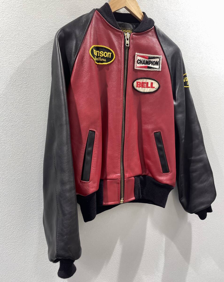 1円 人気 中古 VANSON バンソン レザー ライダース ジャケット レッド サイズ38 ワッペン 刺繍 メンズ 古着 ヴィンテージ【AW00088】_画像2