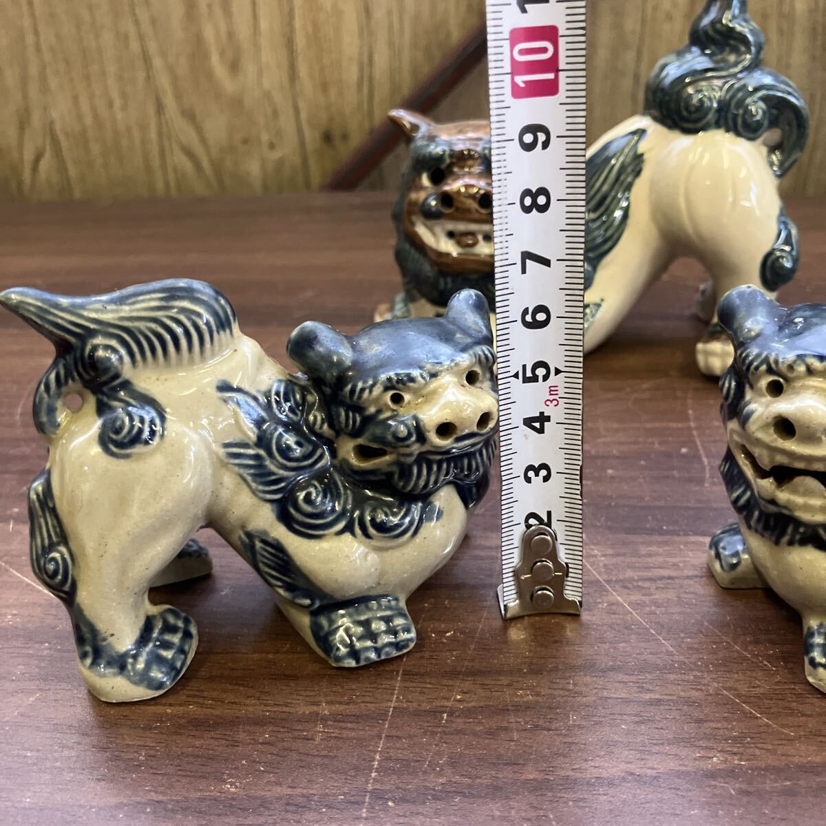 青磁青絵 犬獅子像 守護獅子 ペア 陶器製 獅子守護 沖縄陶器 琉球焼き 魔除け 厄除け 守り神 置物インテリア 獅子 縁起物 まとめて_画像3
