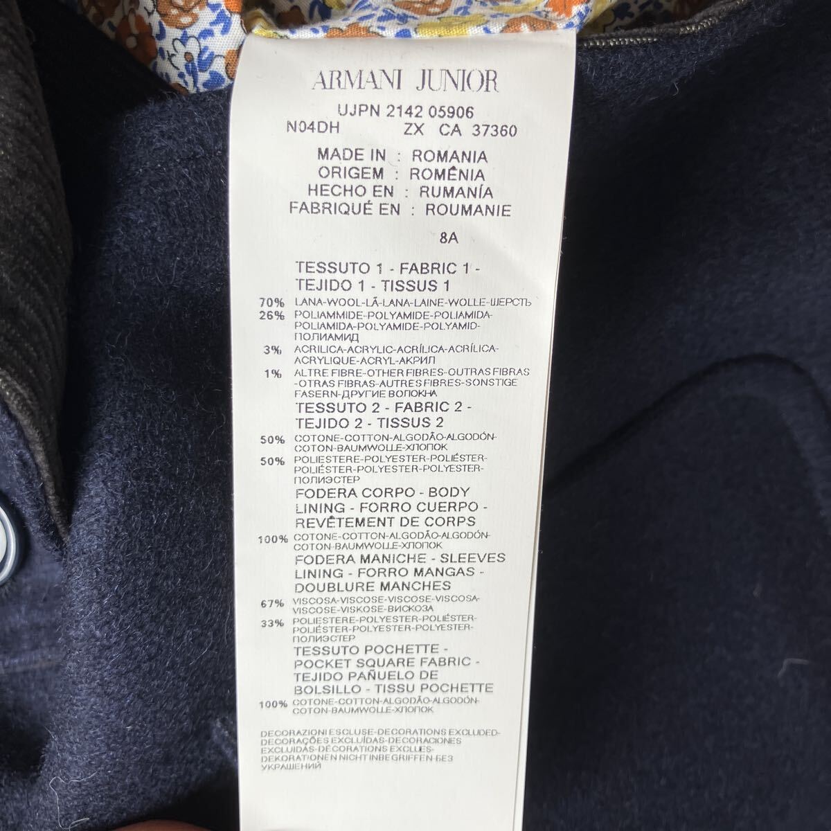 ARMANI JUNIOR アルマーニ ジュニア ジャケット テーラードジャケット ネイビー ウール 130CM ネイビー系　異素材 花柄 子供服 _画像9
