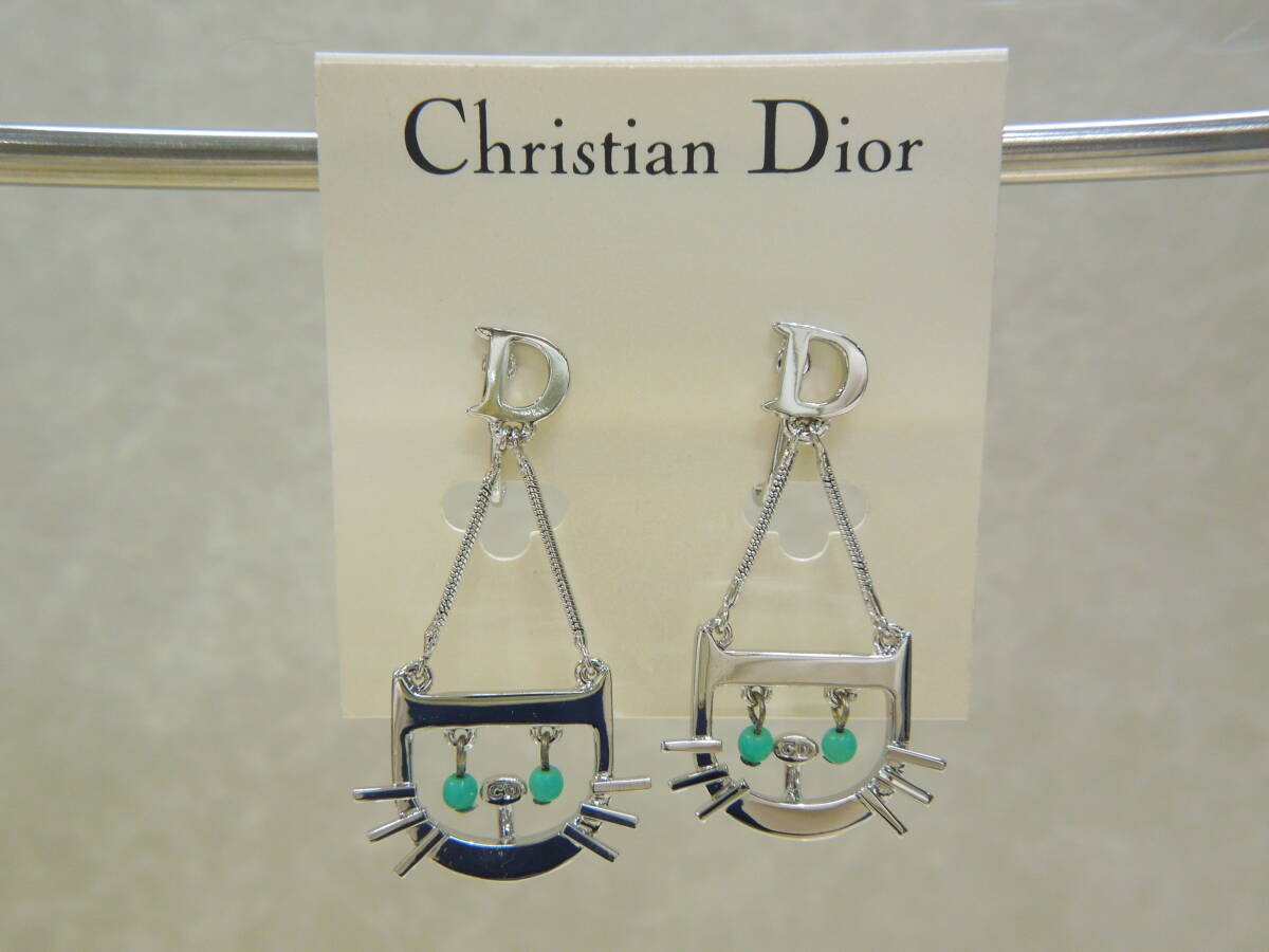 #44425 ◇美品◇ クリスチャン ディオール Christian Dior イヤリング Dロゴ 猫 キャット ネコ シルバーカラー アクセサリー_画像1