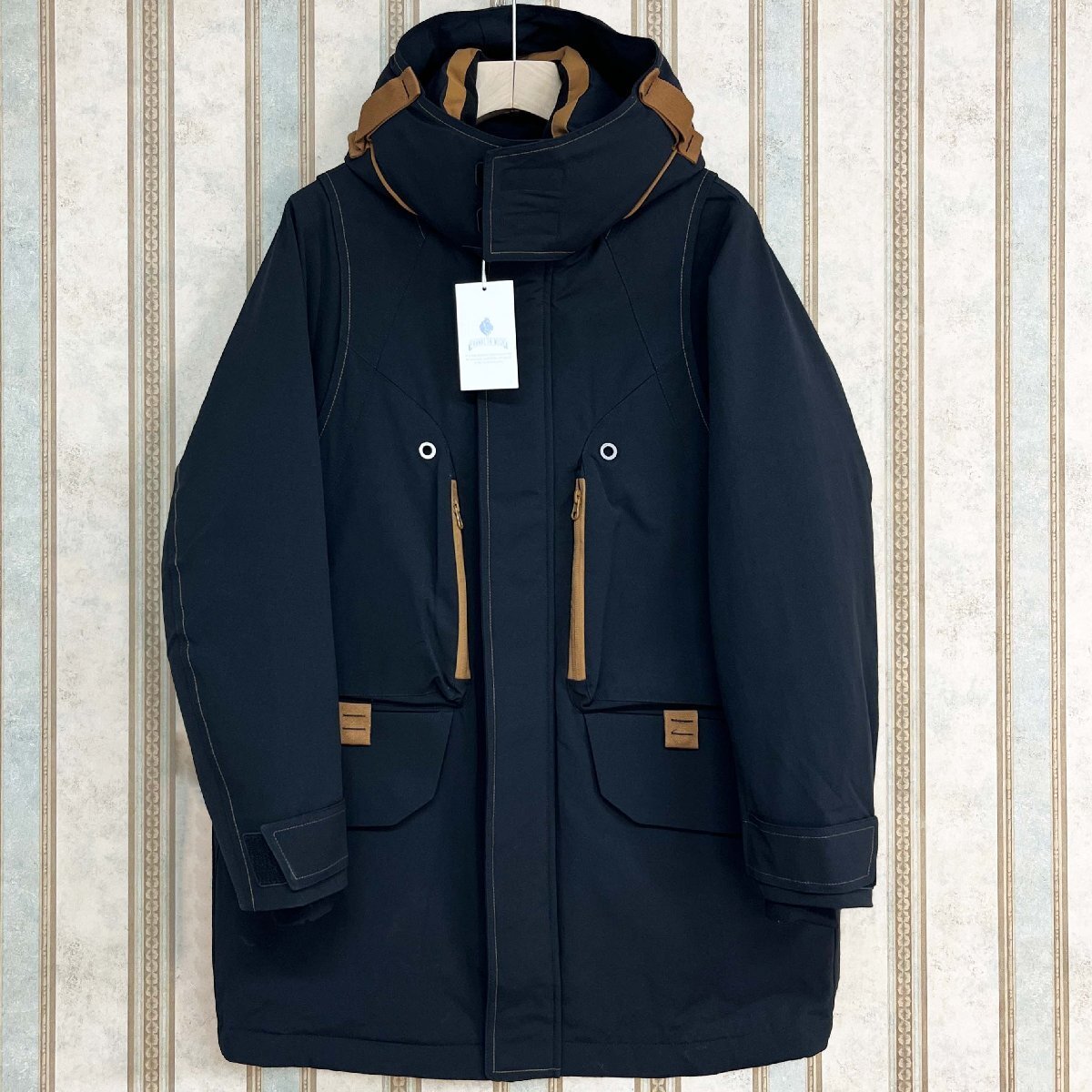 最上級 定価11万 FRANKLIN MUSK・アメリカ・ニューヨーク発 ダウンジャケット ダックダウン90% 保温 ロング丈 フード付き 冬服 サイズ4_画像1