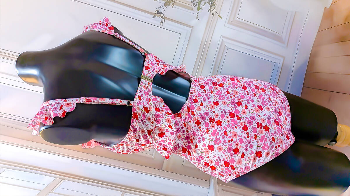 匿名配送♪未使用品♪160cm♪10代女児向き♪赤とピンクのフラワープリントとフリルが可愛い♪ワンピース水着☆彡_画像3