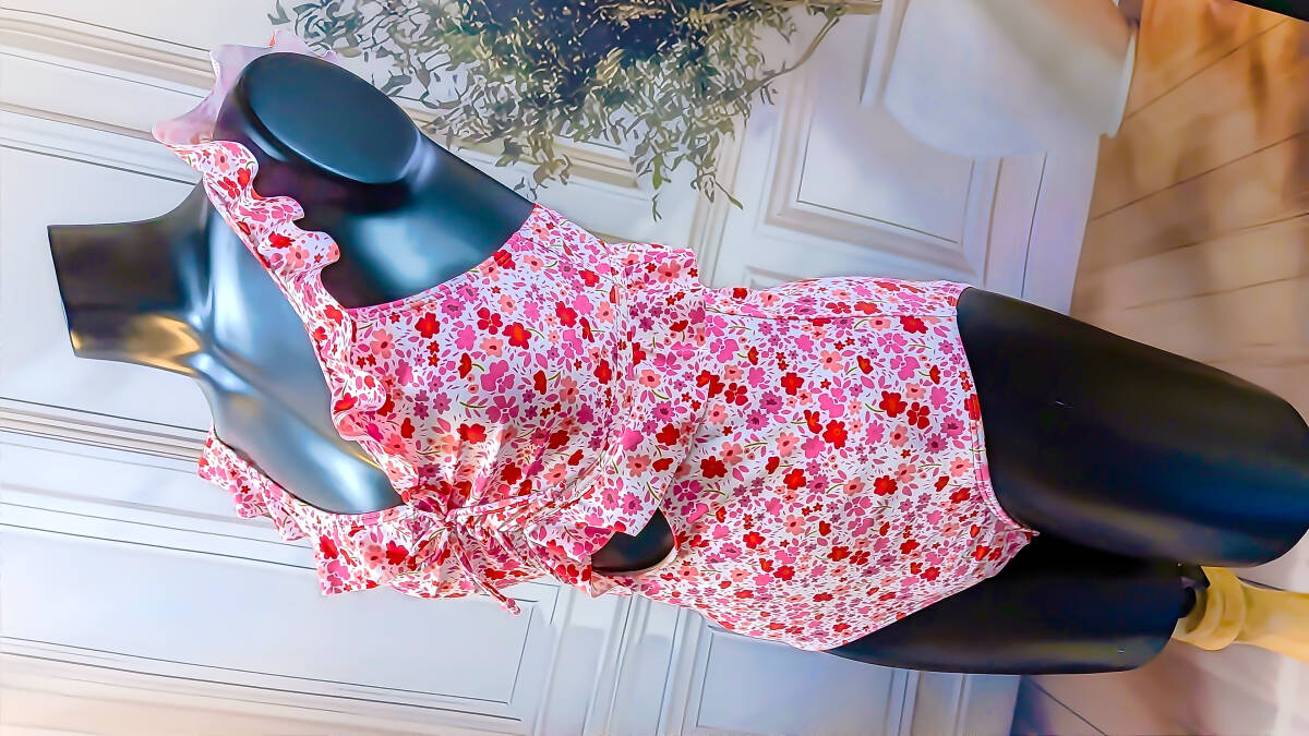 匿名配送♪未使用品♪160cm♪10代女児向き♪赤とピンクのフラワープリントとフリルが可愛い♪ワンピース水着☆彡_画像2