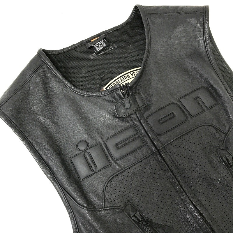 ICON アイコン REGULATOR VEST D30 レザーベスト 本革 バイクウェア メンズ ブラック 黒 SM-MD オートバイ ツーリング 古着 ◇TA3668_画像3