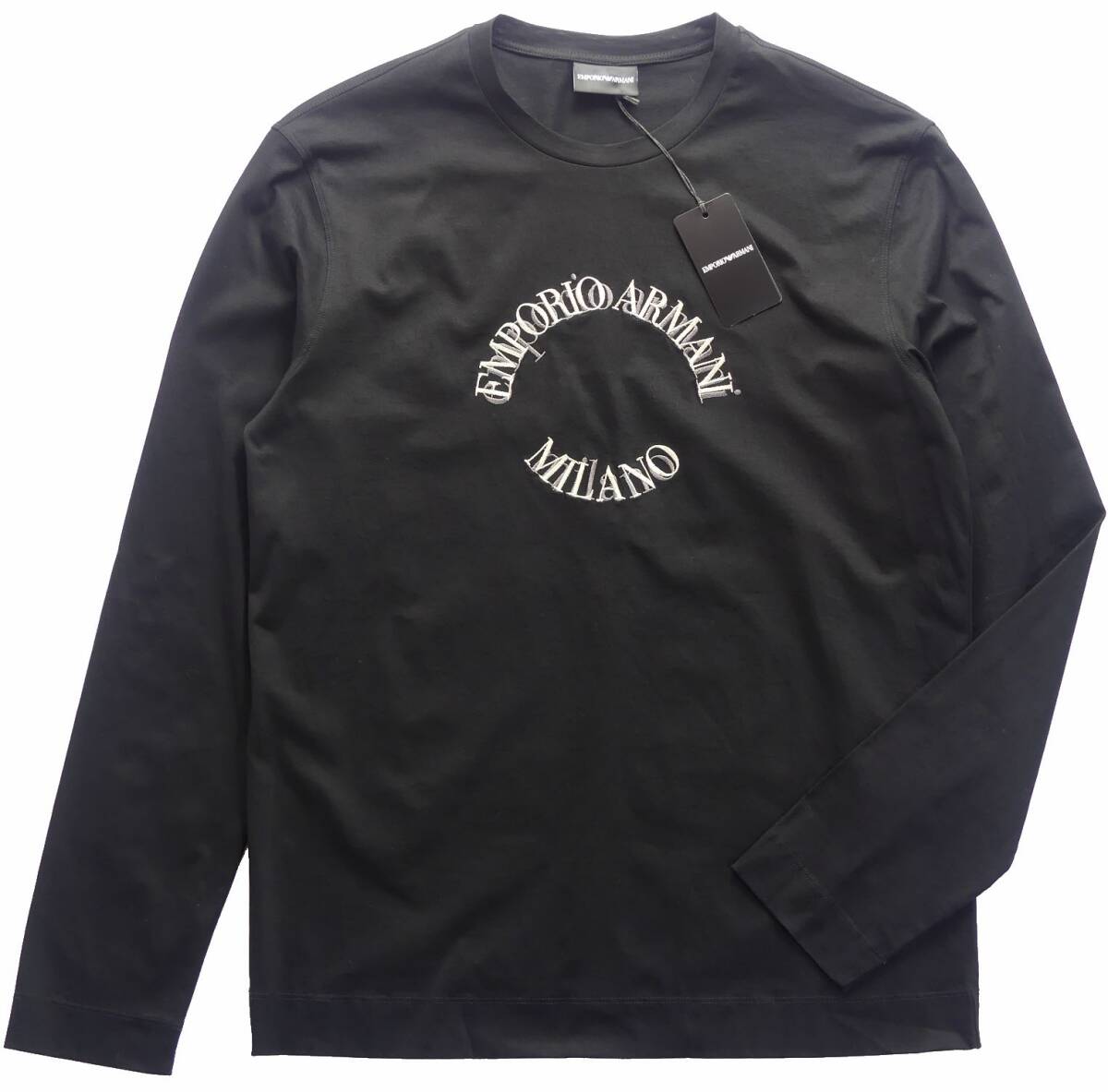 秋冬物44,000円新品EMPORIO ARMANIアルマーニ★刺繍ロゴが施されたプレーンな3シーズン用カットソー黒【欧米M＝日本M】_画像2