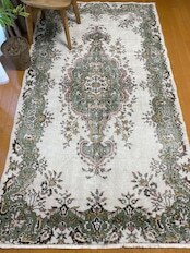 ヴィンテージランナーラグ　抹茶グリーンメダリオン　トルコラグ　vintage turkish runner rug_画像1