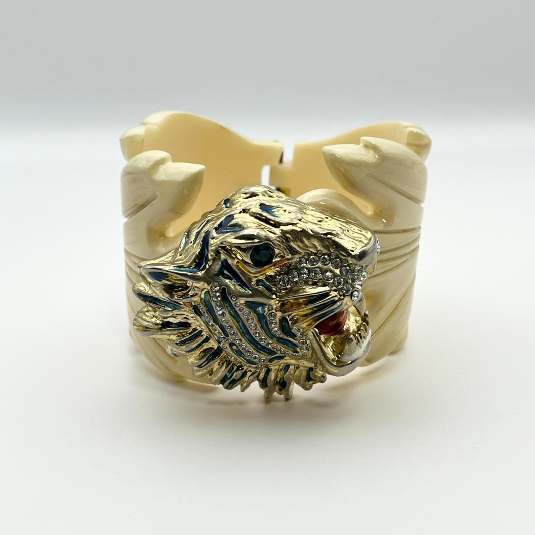 GUCCI グッチ タイガーヘッド ラジャレジンリーフ ブレスレット レジン ラインストーン ベージュ_画像2