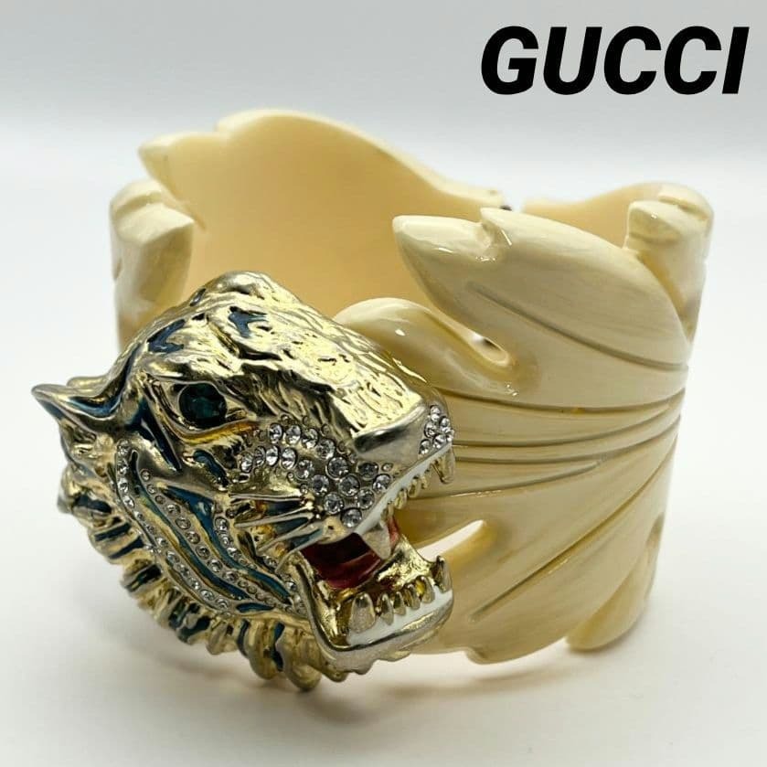 GUCCI グッチ タイガーヘッド ラジャレジンリーフ ブレスレット レジン ラインストーン ベージュ_画像1