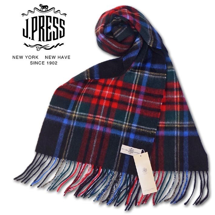 ジェイプレス J.PRESS MEN チェック柄 カシミヤ混 ウール マフラー メンズ ネイビー系 新品 正規品 J.プレス プレゼント ギフト_画像1