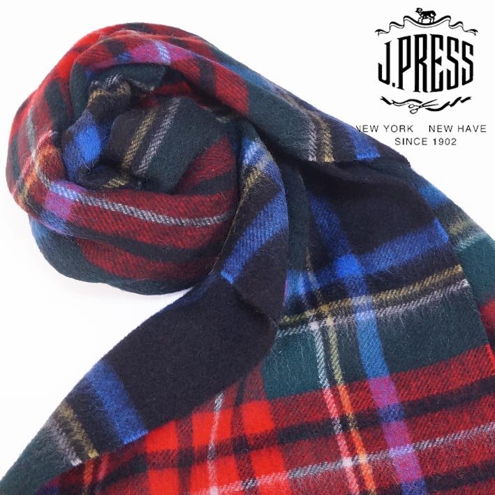 ジェイプレス J.PRESS MEN チェック柄 カシミヤ混 ウール マフラー メンズ ネイビー系 新品 正規品 J.プレス プレゼント ギフト_画像4